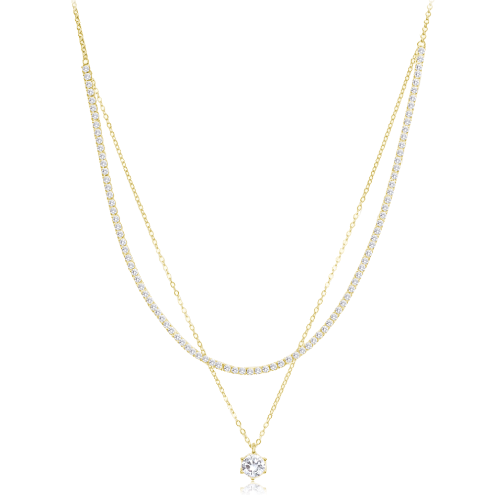 Levně MINET Elegantní dvojitý pozlacený stříbrný náhrdelník s bílým zirkonem JMAS0333GN45