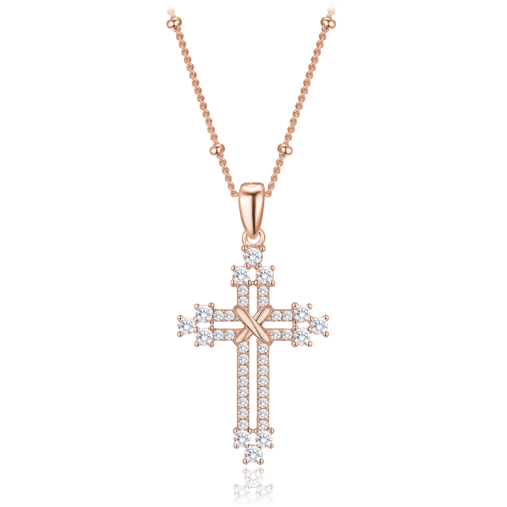 MINET Rose gold stříbrný náhrdelník křížek se zirkony a řetízek s kuličkami JMAN0668RN45