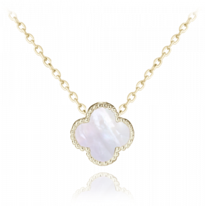 MINET Pozlacený stříbrný náhrdelník čtyřlístek s bílou perletí JMAS7043YN42