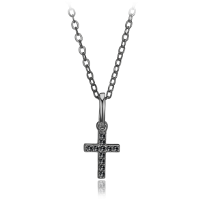 MINET Silver necklace with small cross and black zircons JMAN0667BN45