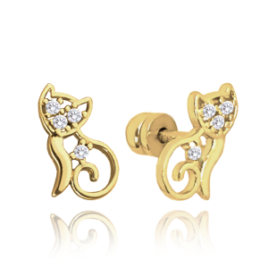 MINET Zlaté náušnice kočky na šroubek s bílými zirkony Au 585/1000 1,15g JMG0106WGE00