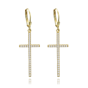 MINET Luxusné pozlátené strieborné náušnice krížik s bielym zirkónom JMAN0573GE00