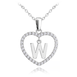 MINET Stříbrný náhrdelník písmeno v srdíčku "W" se zirkony MAS900WSN45