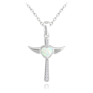 MINET Silver Angel Cross Necklace with White Opal Heart JMAN0386WN45