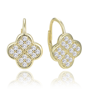 MINET JMAS7058UE00  Pozlátené strieborné náušnice štvorlístky s bielymi zirkónmi