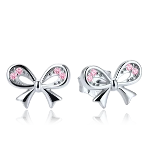 MINET Children's Silver Bow Earrings with Pink Zircons JMAD0073PE00