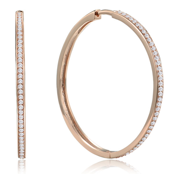MINET Rose gold stříbrné náušnice hranaté kruhy 4 cm s bílými zirkony JMAN0633RE04