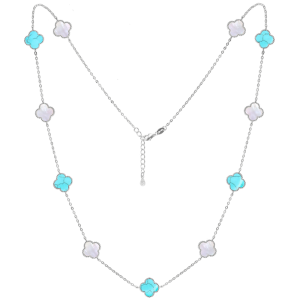 MINET Stříbrný náhrdelník ČTYŘLÍSTKY s bílou perletí a tyrkysem JMAS7043TN60