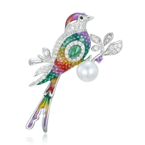 MINET Strieborná brošňa farebný vták s prírodnou perlou JMAN0539SZ00