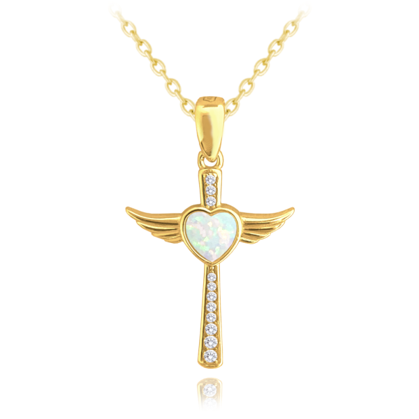 MINET Gold plated silver necklace ANGEL CROSS with white opal heart JMAN0386GN45