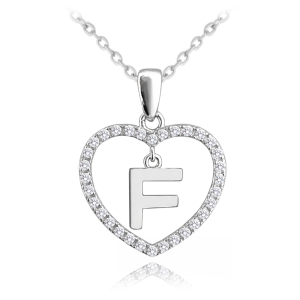 MINET Stříbrný náhrdelník písmeno v srdíčku "F" se zirkony JMAS900FSN45