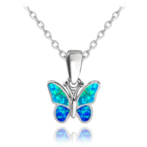MINET Trblietavý strieborný náhrdelník BUTTERFLY s modrým opálom JMAD0040AN38
