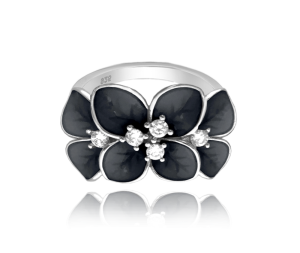 MINET Černý rozkvetlý stříbrný prsten FLOWERS s bílými zirkony vel. 55 JMAS5034BR55