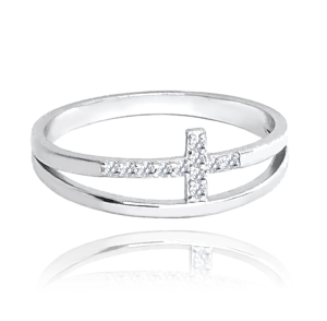 MINET Dvojitý strieborný prsteň CROSS s bielym zirkónom veľkosť 56 JMAN0357SR56