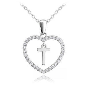 MINET Strieborný náhrdelník písmeno v srdci "T" so zirkónmi JMAS900TSN45