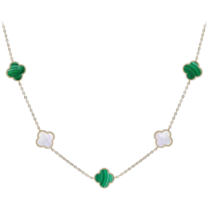 MINET Pozlacený stříbrný náhrdelník ČTYŘLÍSTKY s bílou perletí a malachitem Ag 925/1000 12,45g JMAS7043GN60