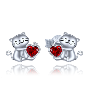 MINET Silver cat earrings with heart and red zircons JMAN0345CE00