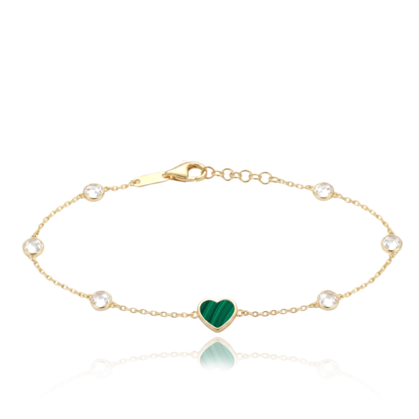 MINET Gold Heart Bracelet with Green Malachite and White Zirconia, 585/1000 Gold, 1.65 g, JMG0374GGB18