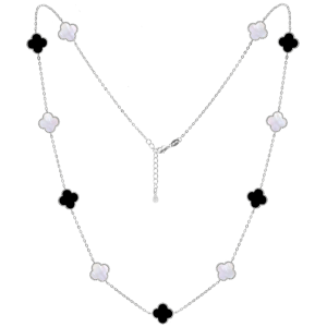 MINET Stříbrný náhrdelník čtyřlístky s bílou perletí a onyxem Ag 925/1000 12,25g JMAS7043CN60