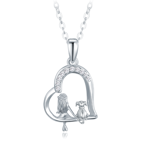 MINET Stříbrný náhrdelník dívka se psem a bílými zirkony JMAN0588SN45