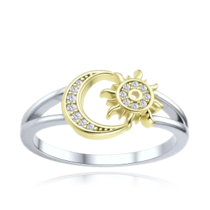 MINET Two-Tone Silver Sun and Moon Ring with White Zircon, Size 57 JMAS0353GR57