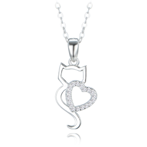MINET Strieborný náhrdelník s mačkou, srdcom a bielym zirkónom JMAN0529SN45