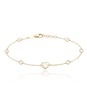 MINET Gold Heart Bracelet with White Mother-of-Pearl and White Zirconia, 585/1000 Au, 1.65 g, JMG0374WGB18