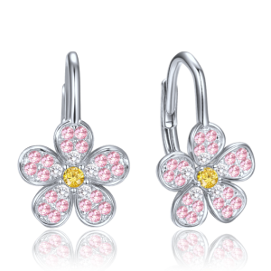 MINET Dětské stříbrné náušnice kytička s růžovými, bílými a žlutými zirkony JMAD0067PE00