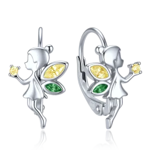 MINET Children's Silver Fairy Earrings with Green and Yellow Zircons JMAD0072ZE00