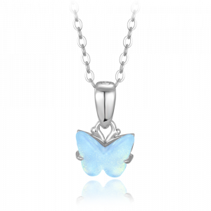 MINET Trblietavý strieborný náhrdelník modrý motýlik JMAD0050AN38