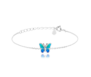 MINET Trblietavý strieborný náramok BUTTERFLY s modrým opálom JMAD0040AB14