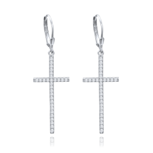 MINET Luxusné strieborné náušnice krížik s bielym zirkónom JMAN0573SE00