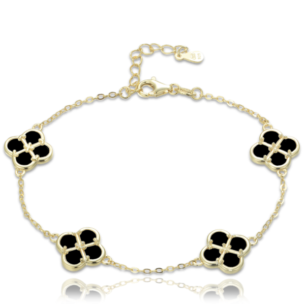 MINET JMAS7058XB20 Pozlátený strieborný náramok štvorlístok s čiernou perlou