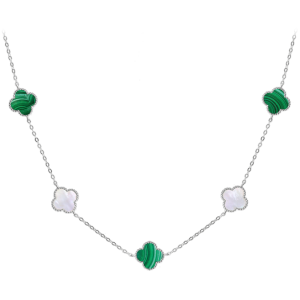 MINET Stříbrný náhrdelník ČTYŘLÍSTKY s bílou perletí a malachitem Ag 925/1000 12,50g  JMAS7043ZN60
