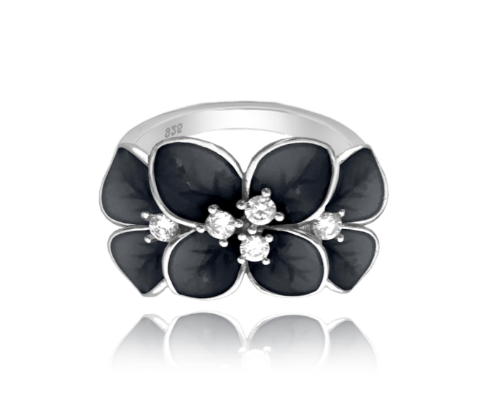 MINET Black flowered silver ring FLOWERS with white cubic zirconia size 49 JMAS5034BR49