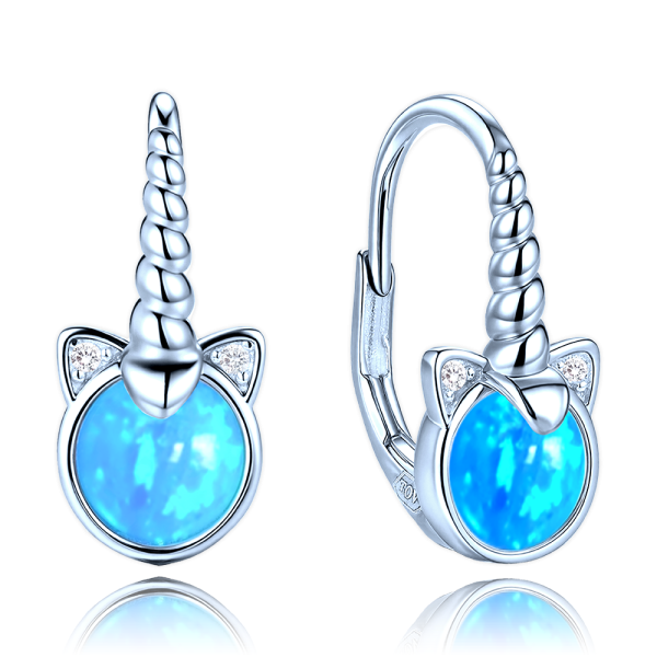 MINET Dětské stříbrné náušnice jednorožci s modrými opály a bílými zirkony JMAD0058BE00