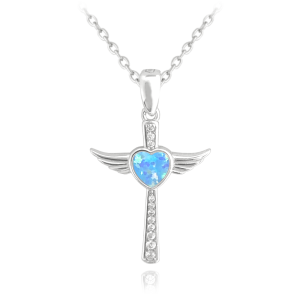MINET Stříbrný náhrdelník ANDĚLSKÝ KŘÍŽEK s modrým opálovým srdíčkem JMAN0386AN45