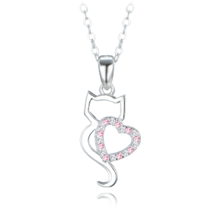 MINET Silver cat necklace with heart with white and pink cubic zirconia JMAN0529PN45