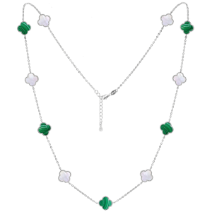 MINET Stříbrný náhrdelník ČTYŘLÍSTKY s bílou perletí a malachitem Ag 925/1000 12,50g  JMAS7043ZN60