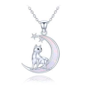 MINET Silver necklace with cat on the moon, white and black zircons, and white opal JMAN0666WN45
