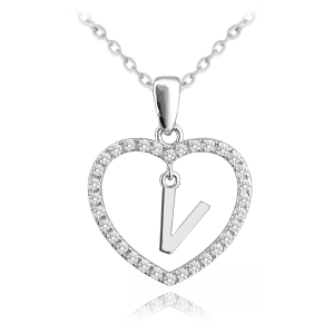 MINET Stříbrný náhrdelník písmeno v srdíčku "V" se zirkony JMAS900VSN45