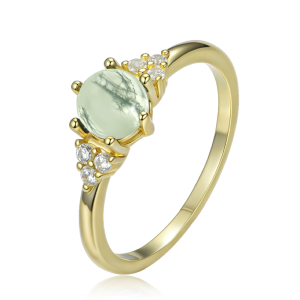 MINET Elegantný pozlátený strieborný prsteň s ľahkým machovým achátom a zirkónom, veľkosť 55 JMAS0318XR55