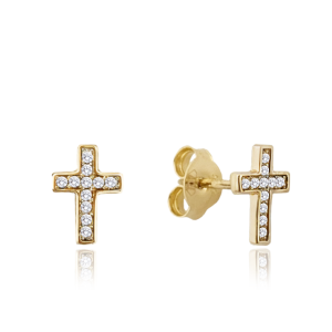 MINET Zlaté náušnice krížik s bielym zirkónom JMG0190WGE00