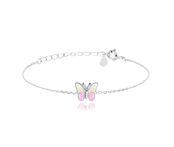 MINET Třpytivý stříbrný náramek MOTÝLEK s růžovým opálem JMAD0040PB14