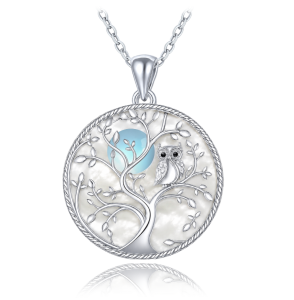 MINET Silver Tree of Life Necklace with an Owl, Black Zirconia, and White Mother-of-Pearl JMAN5026WN45
