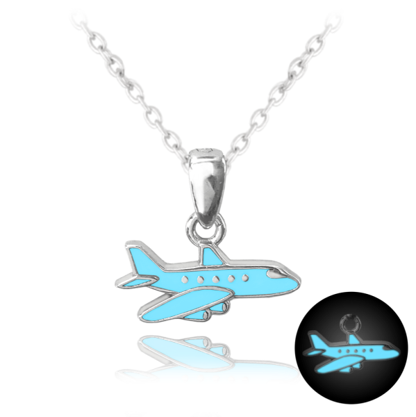 MINET Svítící modrý dětský stříbrný náhrdelník LETADLO JMAD0032AN38