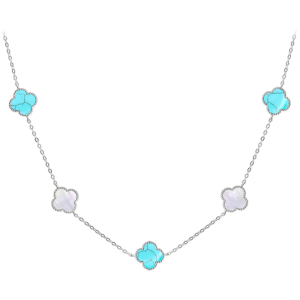 MINET Stříbrný náhrdelník ČTYŘLÍSTKY s bílou perletí a tyrkysem JMAS7043TN60