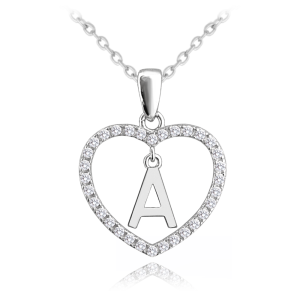 MINET Stříbrný náhrdelník písmeno v srdíčku "A" se zirkony JMAS900ASN45