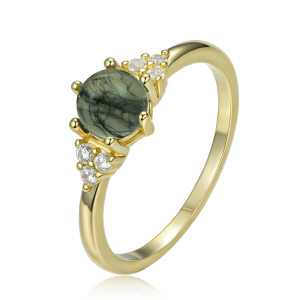 MINET Elegant gold-plated silver ring with dark moss agate and zircon, size 51 JMAS0318GR51