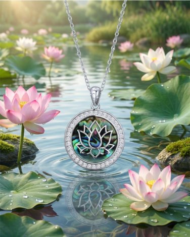 Silver necklace with a mother-of-pearl lotus flower and zircon stones JMAN5029SN45